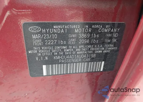 2010 Hyundai Elantra Gls from USA, damaged, VIN KMHDU4AD1AU043198